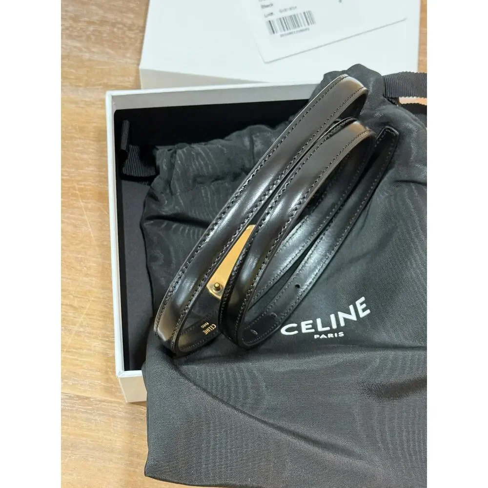 CELINE Thin Plate Belt 13mm Black Taurillon Leather Gold Size 85 NIB